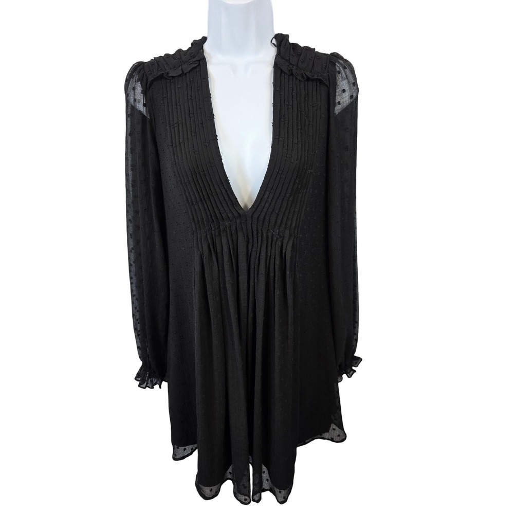 ZARA Black Swiss Dot Pleated V Neck Long Sleeve Mini Dress Women Size M /R3
